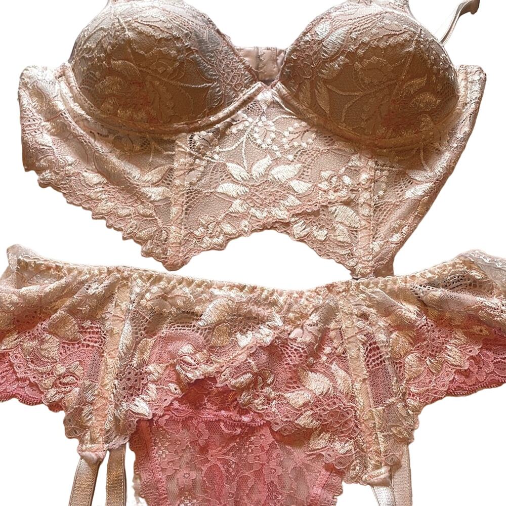 Womens 3 pc Set Lingerie, Corset, Garter, Thong Panty, sz Lg Cream, White, Pink